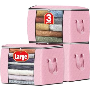 Imagem de Fab totes Armazenamento de roupas 90L, sacos de armazenamento dobráveis de tecido grosso, recipientes para organizar quarto, armário, roupas, edredom, organização com alça (pacote com 3, rosa)