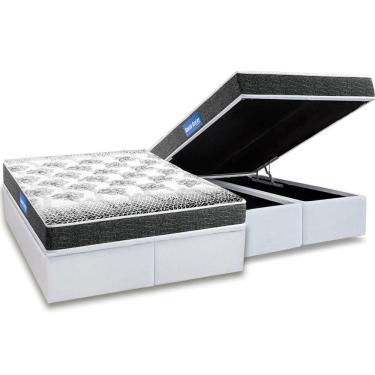 Imagem de Cama Box Baú Queen: Colchão Espuma Probel D20 Guarda Costas Resistente Black + Base White(158X198)