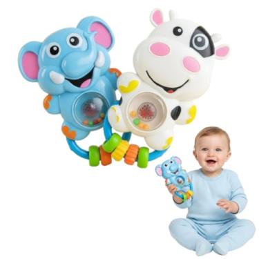 Imagem de Brinquedo Infantil Interativo com Chocalho, Mordedor Colorido para Bebês, Animais Divertidos em Azul e Branco, Estimulação Sensorial (Unico, Elefante)