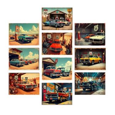 Imagem de Quadros Carro Antigo Rota 66 Garagem Texas 10 Peças 21x15cm - CAMALEÃO