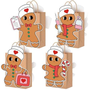 Imagem de MotiMind 16 peças de sacos de presente de gengibre de Natal para enfermeira com alças tema de pão de gengibre e doces de gengibre para festa da semana de agradecimento Np suprimentos de lembrancinhas