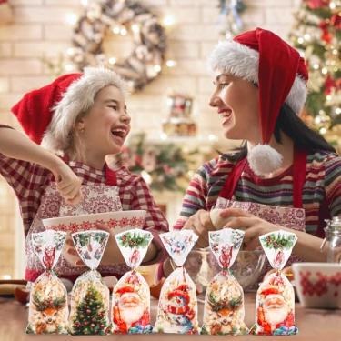 Imagem de 120 unidades de sacos de presente de celofane de Natal para crianças, sacos de presente de Papai Noel com laços metálicos torcidos para lembrancinhas de festa, sacos de presente, embalagens de