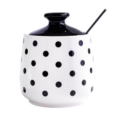 Imagem de Cerficer Açucareiro de cerâmica com colher, padrão preto e branco, recipiente de porcelana de 300 ml com tampa, armazenamento de cozinha de 8 x 10,5 cm (m)
