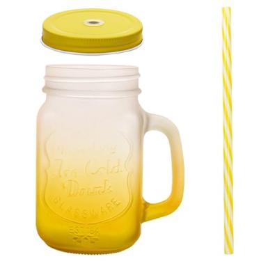 Imagem de eispap 1 pç Copo de vidro de 473 ml Canecas coloridas com logotipo de bebida em relevo gelo, caneca de vidro com alça. Para vitaminas, coquetéis, bebidas. Lavar à mão (1, amarelo fosco)