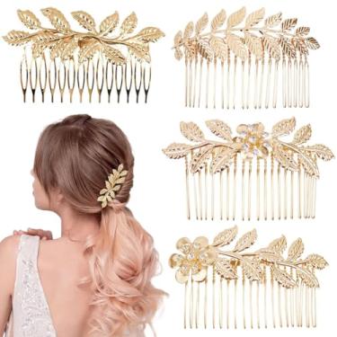 Imagem de Pentes de cabelo de liga dourada de 4 peças, acessórios de cabelo com design de folha para pentear