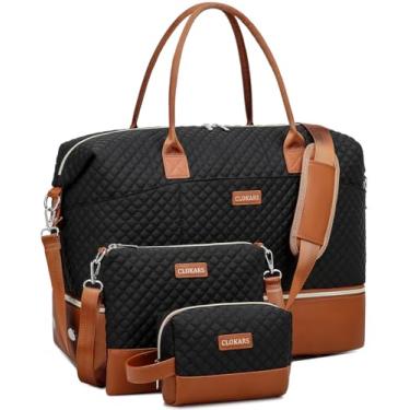 Imagem de CLOKARS Bolsa de viagem feminina, bolsa de fim de semana com bolsa transversal e bolsa de higiene pessoal, Preto e marrom - 2, Medium, Bolsa de viagem de fim de semana