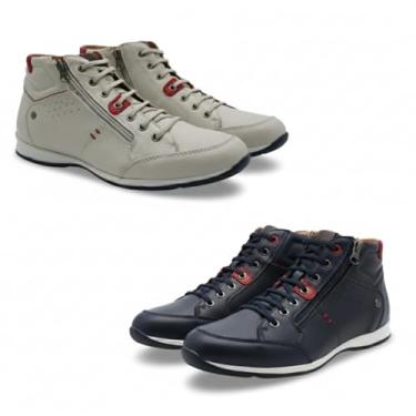 Imagem de Kit 2 Pares Sapatênis Masculino Couro Legítimo Cano Alto Venture com Zíper Lateral (Branco e Azul, BR, Adulto, Numérico, 37)