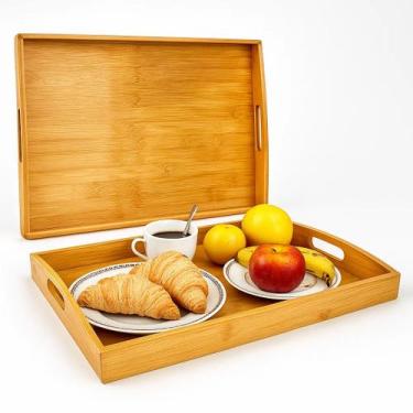 Imagem de Bandeja Retangular de Bambu c/ Alça Lateral 33x22cm p/ Café Decoração 