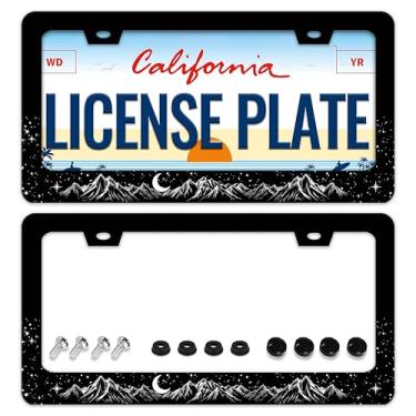 Imagem de Moldura de placa de licença Mountains Moon, 2 peças, molduras engraçadas de placa de licença de paisagem de montanha para peças decorativas de carro, placa de licença de aço inoxidável para suporte de