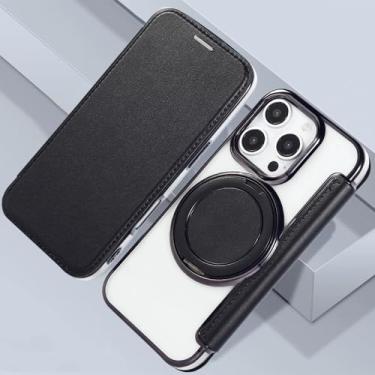 Imagem de IRTGFG Capa magnética com revestimento para iPhone 16e, com suporte giratório para carteira de couro e cartão (para iPhone 16e/preto)
