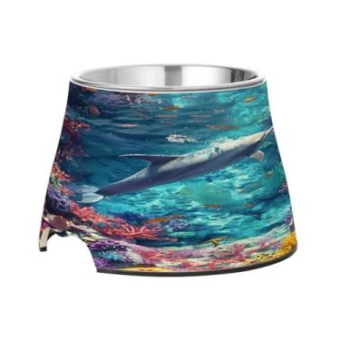 Imagem de Blueangle Tigelas elevadas para cães com aço inoxidável - Prato antiderrapante de 2,3 xícaras para animais de estimação de alta capacidade para saúde da coluna vertebral e design colorido de recifes