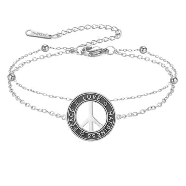 Imagem de TEAMER Pulseira com símbolo de paz, aço inoxidável, duas camadas, corrente de contas de paz, amor, felicidade, joia hippie para mulheres, One Size, Aço inoxidável, Sem Pedra Preciosa