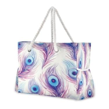 Imagem de Wassud Bolsa de praia grande de penas violeta para mulheres, impermeável, à prova de areia, bolsa de viagem com zíper e bolso para piscina, academia, acampamento