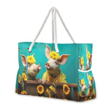 Imagem de Wassud Bolsa de praia Sunshine Pigs, bolsa de praia grande para mulheres, impermeável, à prova de areia, bolsa de viagem com zíper e bolso para piscina, academia, acampamento