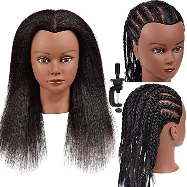 Imagem de Cabeça de manequim 100% cabelo real Afro Manequim Cabeça de cabeleireiro cabeleireiro treinamento Manikin Cosmetology Boneca Cabeça para prática de corte trança com suporte de grampo gratuito
