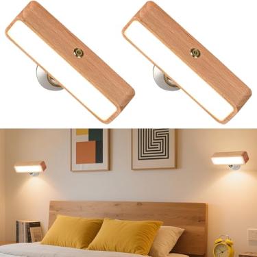 Imagem de Conjunto de duas arandelas de parede operadas por bateria, luzes de parede recarregáveis operadas por bateria, lâmpada de madeira montada na parede, leitura de cabeceira para quarto, lâmpadas de