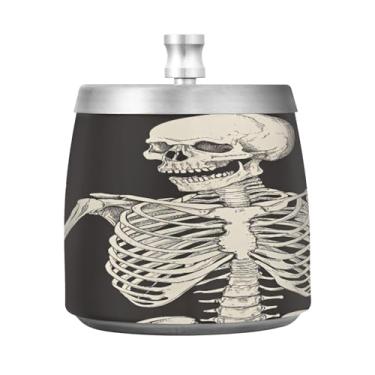 Imagem de Qilmy Cinzeiro de esqueleto de caveira de aço inoxidável com tampa - Cinzeiro de cigarro à prova de vento sem cheiro sem fumaça para casa, escritório, carro, pátio, varanda (uso interno e externo)