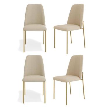 Imagem de Kit 04 Cadeiras Sala De Jantar Lior Com Encosto Estofado Base Dourada Linho Bege - Desk Design