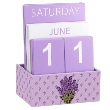 Imagem de AceOrbit Calendário perpétuo com flor de lavanda roxa, bloco de madeira, decoração de mesa, fofo, mês, semana, data, calendário, bloco decorativo, para mulheres, escritório, casa, mesa, presente para