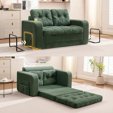 Imagem de ALLGOD Sofá-cama conversível verde com travesseiros, sofá-cama de sofá com suporte de copo e moldura fixa, sofá-cama dobrável pequeno 2 em 1 para quarto, sala de estar, quarto de hóspedes, quarto de