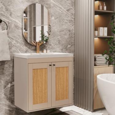 Imagem de Kit Gabinete Banheiro Artemis Cedro com Cuba, Espelho 3mm e Dobradiças Metálicas – Armário Suspenso (Bege)