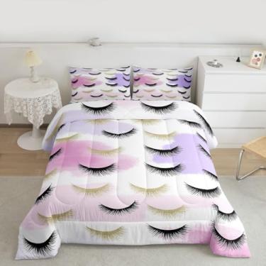 Imagem de Feelyou Conjunto de edredom com cílios para todas as estações, tamanho infantil, com 1 fronha, rosa, roxo, microfibra, para decoração de quarto infantil, respirável, macio e leve