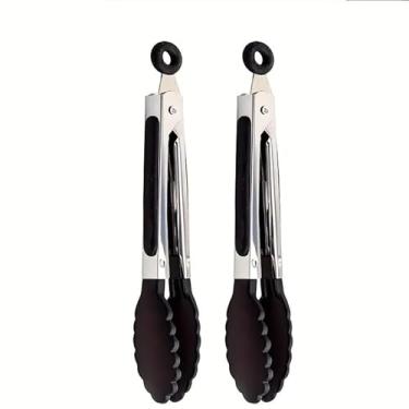 Imagem de 2 pinças de cozinha, pinças pequenas de nylon resistentes ao calor de 17 cm para cozinhar, servir, churrasco, grelhar, salada e muito mais, mini pinça antiaderente com trava, preta