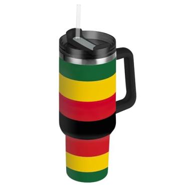 Imagem de Joisal Copos de bandeira do Zimbábue com tampa e canudo de aço inoxidável com isolamento térmico de 1,134 g copo com alça copo térmico de café para carro