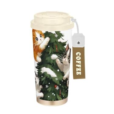 Imagem de TSENQUE Copo de café de 473 ml com tampa de canudo e filp, copo de café de aço inoxidável isolado a vácuo à prova de vazamento, gatos fofos Natal inverno