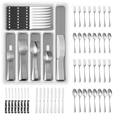 Imagem de 48Pecas Jogo de Talheres, Jogo de Talheres Inox, Talheres, Prata, Faqueiro, Conjunto de Talheres, Para Presentes, Caixa de Armazenamento Removível