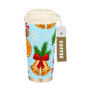 Imagem de TSENQUE Caneca de café de viagem 40 ml com canudo e tampa, copo de parede dupla isolado a vácuo com revestimento cerâmico, sino de Natal, flocos de neve
