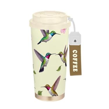 Imagem de TSENQUE Copo de café de 473 ml com canudo e tampa de filp, copo de café de viagem de aço inoxidável à prova de vazamento para escritório, escola, festa, acampamento, beija-flores coloridas, rosa