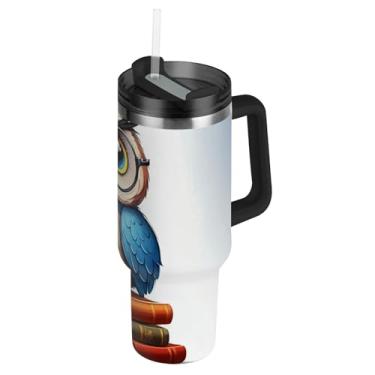 Imagem de Joisal Copos de aço inoxidável com tampa e canudo fofo coruja azul livros caneca de café quente para carros copo térmico de 850 g com alça garrafas de água isoladas