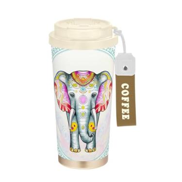 Imagem de TSENQUE Caneca de café de viagem 40 ml com revestimento cerâmico, copo de café de viagem de aço inoxidável com canudo e tampa, copo isolado a vácuo, elefante aquarela branco azul
