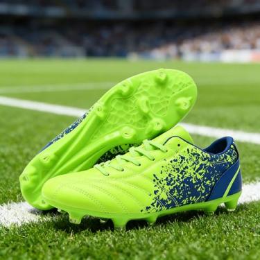 Imagem de Tênis de futebol rígido adequado para meninos e meninas, adolescentes e crianças, cabedal de couro sintético, sola de poliuretano, leve e durável, Verde, 39