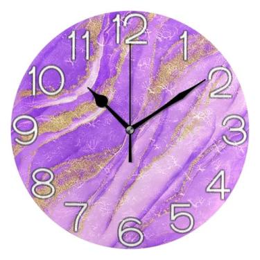 Imagem de Relógio de parede analógico decorativo funky alimentado por bateria relógio de escritório cozinha, decoração de sala de estar arte moderna lavanda mármore dourado, 25 cm, ponteiros pretos