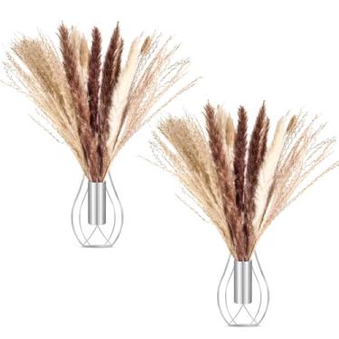 Imagem de Otoolling 2 peças de decoração de parede boho arte de parede de metal com pampas artificiais montado na parede moderna decoração de casa vaso de arte para pendurar plantas para quarto, sala de estar e