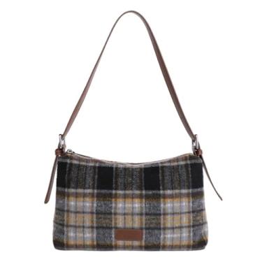 Imagem de Harris Tweed Bolsa tiracolo feminina vintage xadrez bolsa de ombro outono inverno bolsa de couro bolsa bolsa de mão para viagem de trabalho, Preto, Casual