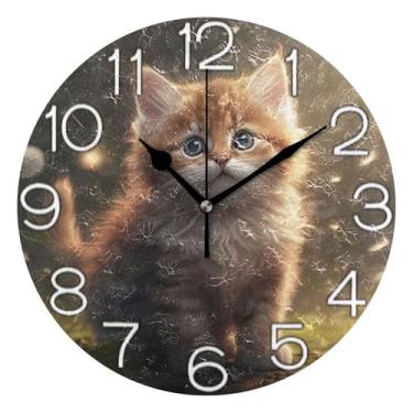 Imagem de Relógio de parede decorativo analógico operado por bateria silencioso relógio de cozinha rústico, arte de parede boho decoração de casa gato fofo brilhante pintura gatinho, 25 cm, ponteiros dourados