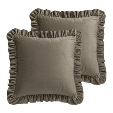 Imagem de bilin gaier Capas de almofada de designer para sofá 56 x 56 cm, capa de travesseiro lombar durável de veludo macio marrom com babados, fronhas decorativas de fazenda para cama, sala de estar, carro