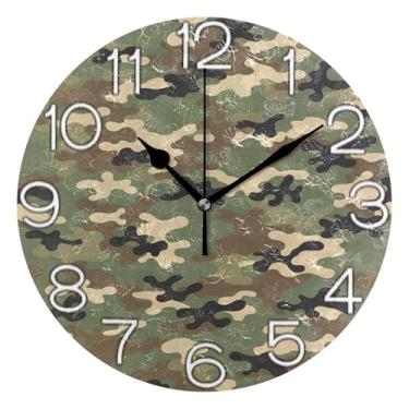 Imagem de Relógio de parede analógico decorativo quarto cozinha relógio estético silencioso sem tique-taque, decoração de parede de meados do século sala de estar, camuflagem clássica verde bege, 25 cm