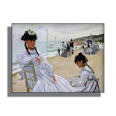 Imagem de OKRA Arte de parede em tela Monet - Decoração de parede The Beach At Trouville - Cena litorânea - Pintura mundialmente famosa - Adequado para bares, escritórios e corredores. Sem moldura. 12 x 16 pol