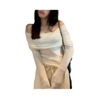 Imagem de Suéter De Malha Feminino Com Ombros Descidos, Manga Longa, Ajuste Slim