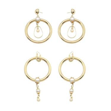 Imagem de 2 pares de brincos modernos banhados a ouro 18 k banhado a ródio feminino, Medium, Metal Plástico, Sem pedra preciosa