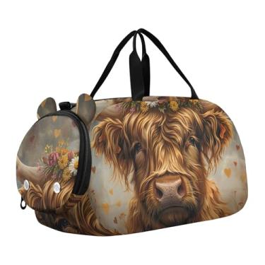 Imagem de Bolsa de viagem com flores lilás roxas para meninas, bolsa de viagem para o fim de semana, dança noturna, bagagem infantil para meninos, Vaca Highland Flowers Vintage Daisy Flowers, Clássico