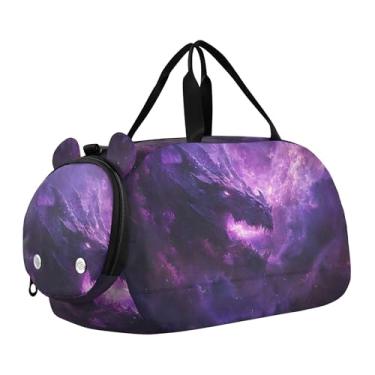 Imagem de Bolsa esportiva para meninos Highland Cow Pink Glasses Overnight Weekender Bolsa de viagem para meninas, dragão galáxia roxa, Clássico