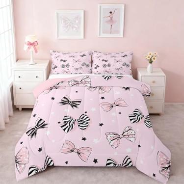 Imagem de Feelyou Conjunto de edredom com laço rosa, tamanho solteiro, kawaii, para crianças, adolescentes, estilo princesa sonhadora, edredom para decoração de quarto, 2 peças com 1 fronha