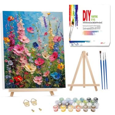 Imagem de Hutarosl Pintura de flores por números com moldura para adultos - com cavalete de madeira, pintura de adulto por número, pintura em tela de flores por números para adultos, presentes e decoração de