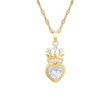 Imagem de Dtja Colar com pingente de coração de coroa de cristal para mulheres, banhado a ouro, moderno, zircônia cúbica, coração, pedra do mês de nascimento, gargantilha, corrente ajustável, joias de