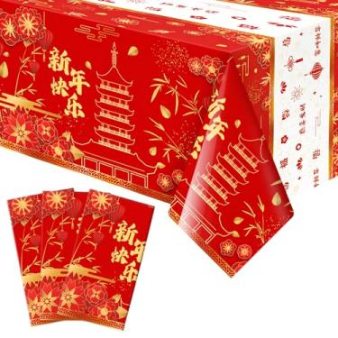 Imagem de Fancy Land 3 peças de toalha de mesa de ano novo chinês ano do cavalo descartáveis capas de mesa de plástico decorações de festival de primavera com pagode fogos de artifício de bambu para festa de